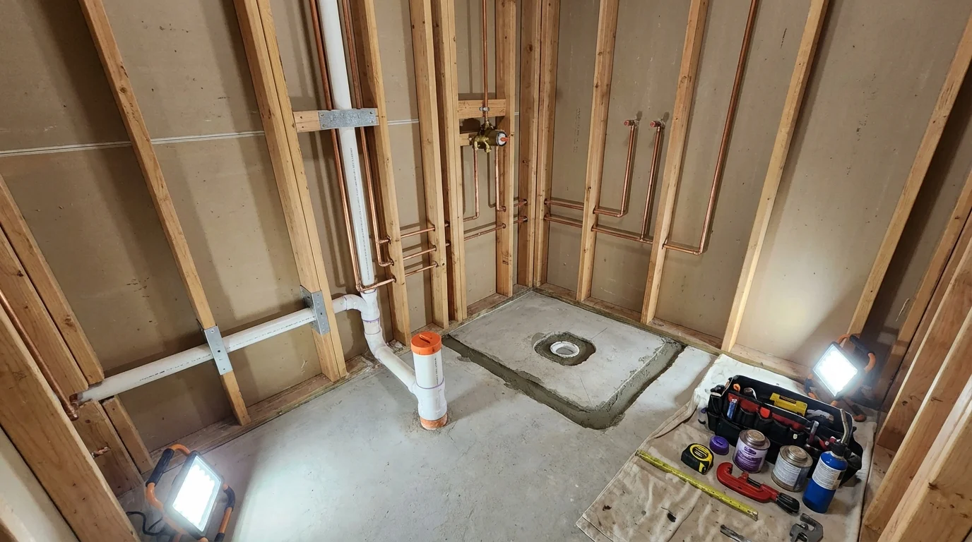 Bathroom rough-in plumbing during remodel by Johns Plumbing LLC in Strum
