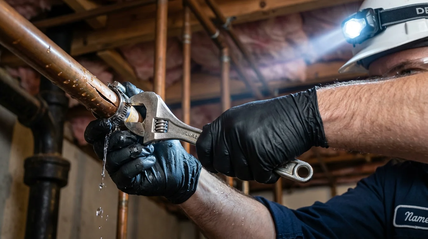 Emergency pipe clamp repair being performed by a Johns Plumbing LLC plumber in Strum