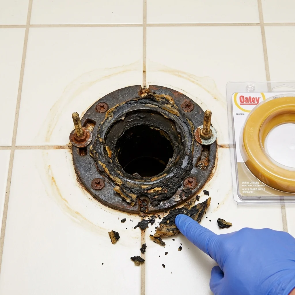 Failed wax ring showing water seepage at the base of a toilet in a Strum, WI home