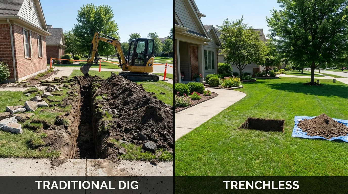 Trenchless sewer repair with minimal yard damage versus traditional excavation in Strum, WI