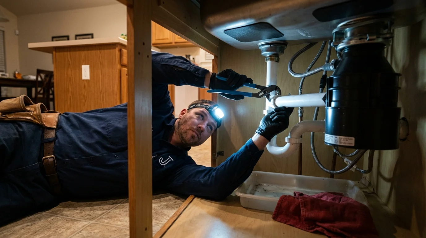 P-trap and supply line connections under a kitchen sink showing a common leak point in Strum, WI